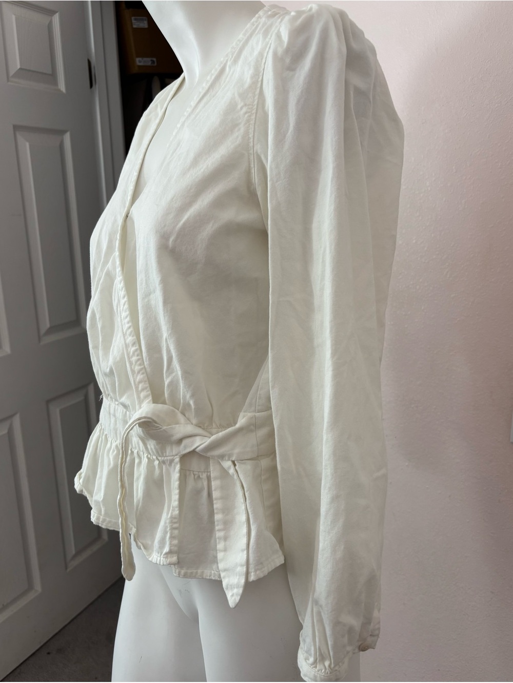 Madewell White Puff Sleeve Peplum Wrap Top Side Tie Medium Cotton Modal - Picture 3 of 6